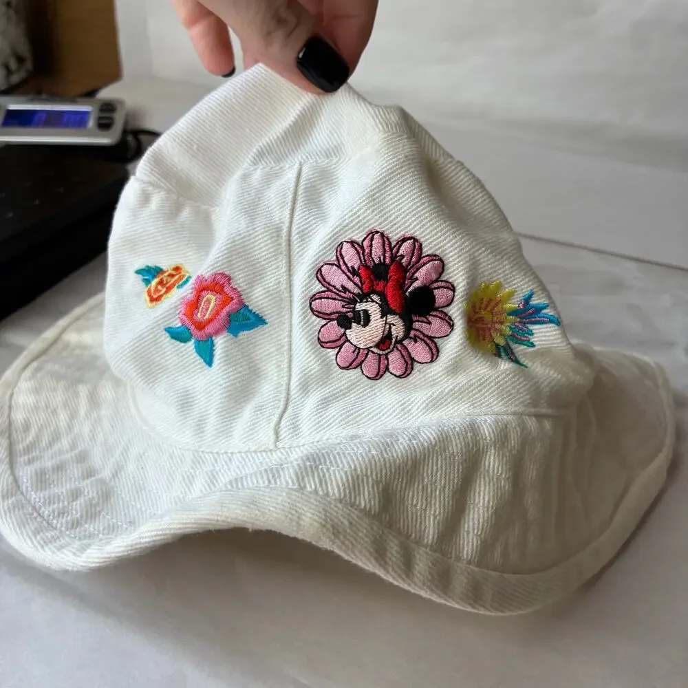 Disney Bucket Hat Girl OS White Vintage Minnie Mouse Floral Embroidered 90s READ